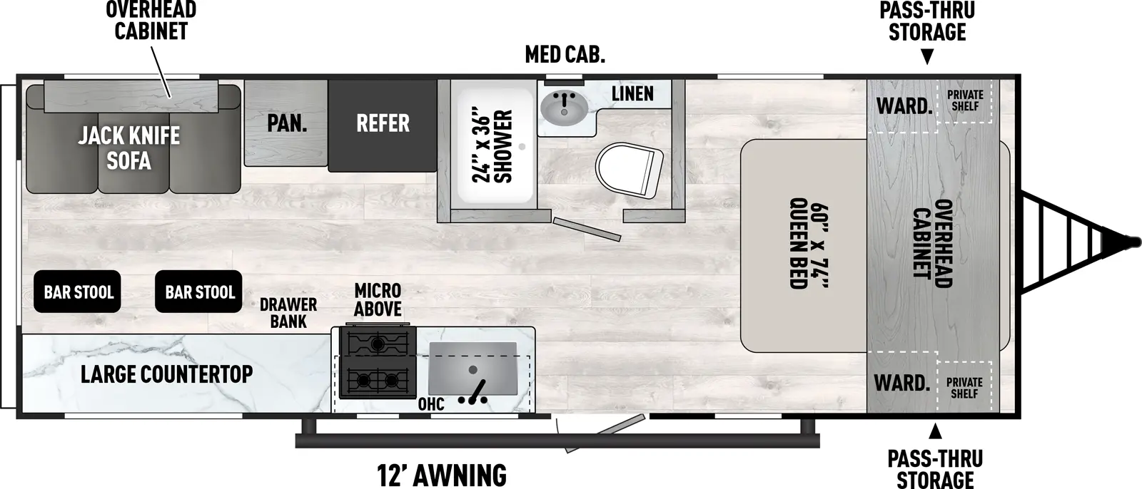 The Viking Travel Trailers 242MK floorplan has one entry and zero slide outs. Exterior features include: metal exterior and 12' awning. Interiors features include: front bedroom.